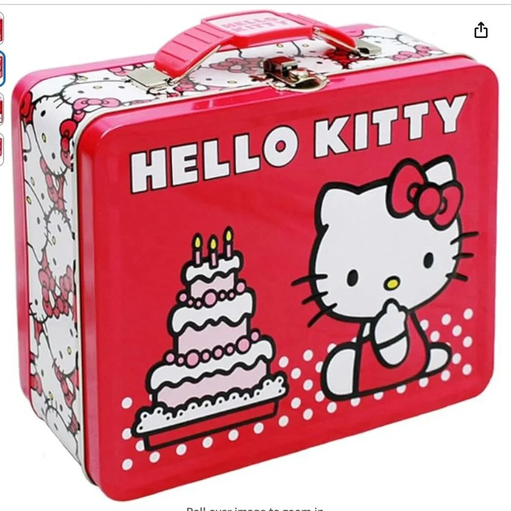 Hello Kitty Birthday Cake Embossed Metal Lunch Box & Bag, raspberry